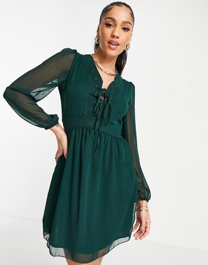 Trendyol Tie Front Long Sleeve Dress In Emerald Green