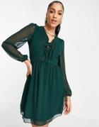 Trendyol Tie Front Long Sleeve Dress In Emerald Green