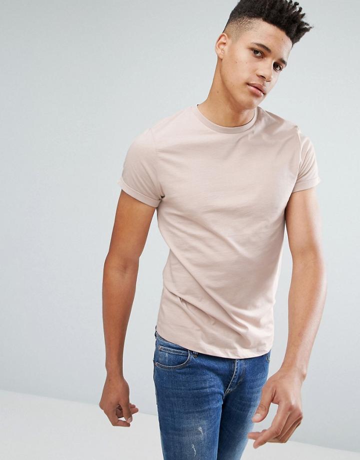 Asos Crew Neck T-shirt With Roll Sleeve - Beige
