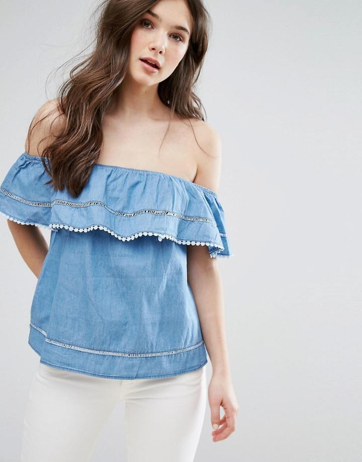 Qed London Bardot Denim Top - Blue