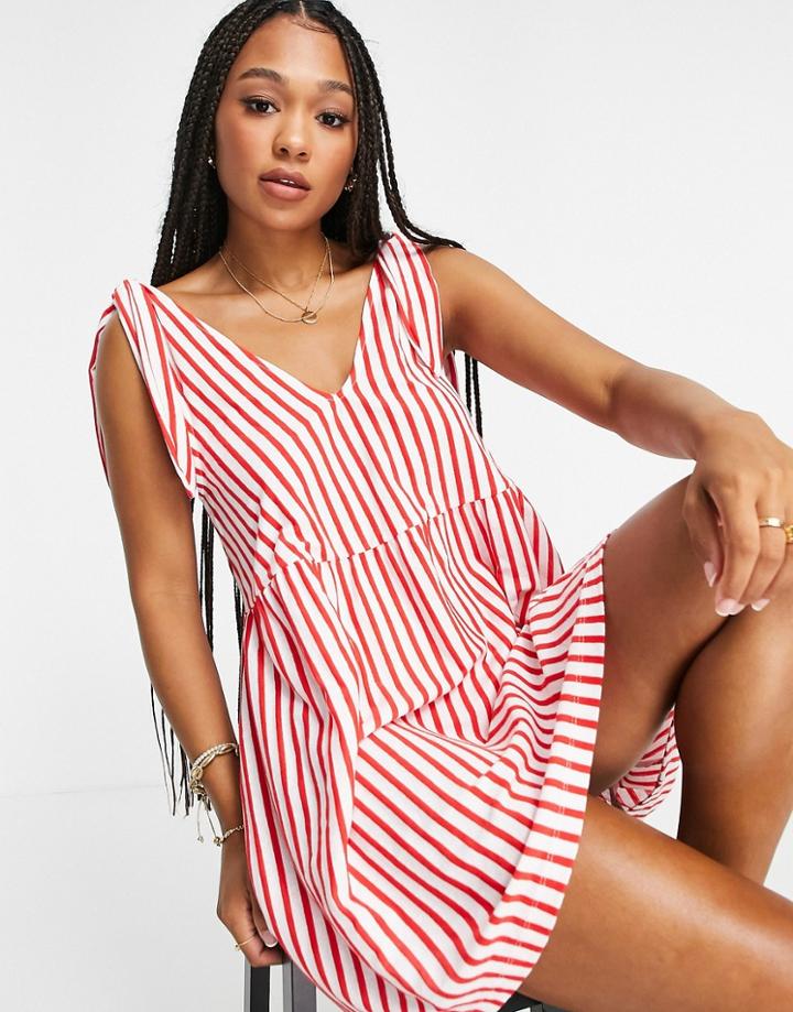 Asos Design Bunny Tie Shoulder Mini Smock Dress In Red And White Stripe