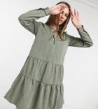 Noisy May Tall Tiered Smock Dress In Washed Khaki-green