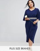 Tfnc Plus Wedding Kimono Sleeve Midi Dress With Wrap Skirt - Navy