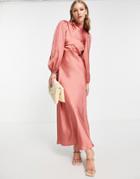 Asos Design Cowl Neck Satin Maxi Tea Dress With Puff Sleeves In Tea Rose-pink