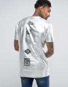 Asos Longline T-shirt With Brooklyn Print In Silver Foil - Silver