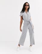 Asos Design Zip Front Slouchy Tie Waist Jersey Boilersuit With Pockets-gray