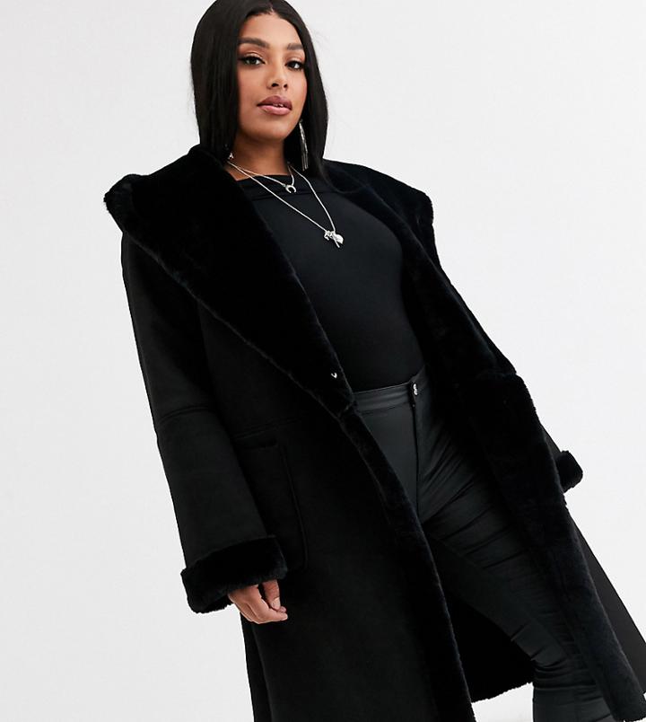 Religion Plus Longline Hooded Shearling Coat