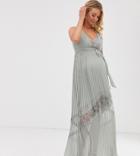 Little Mistress Maternity Lace Insert Pleated Maxi Dress In Waterlily - Green