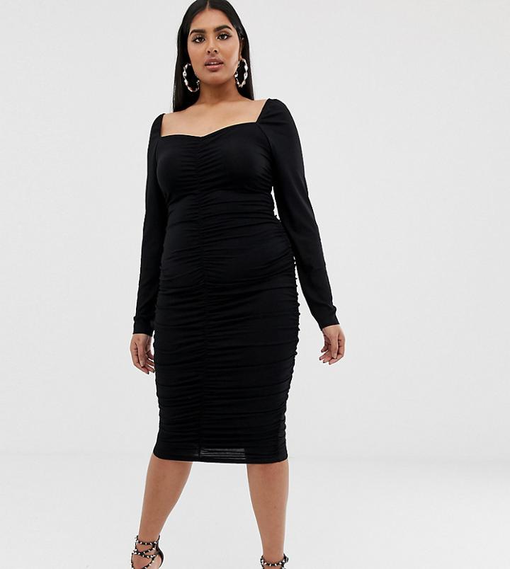 Asos Design Curve Square Neck Ruched Midi Dress - Black