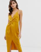 Asos Design Midi Strappy Cami Dress With Knot Front Plunge In Satin - Gold