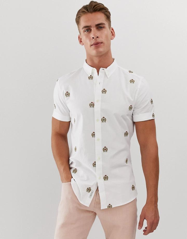 River Island Short Sleeved Shirt With Embroidered Badge In Ecru-cream