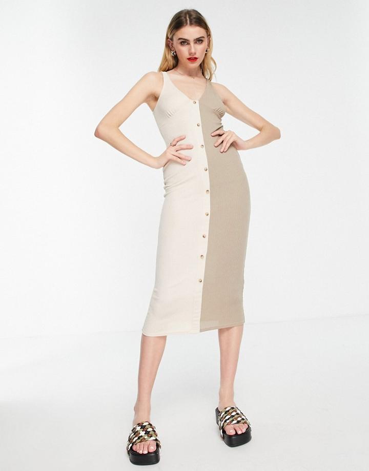 Asos Design Sleeveless Ribbed Midi Button Through Dress In Neutral Cream Color Block