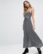 Kiss The Sky Cami Maxi Dress With Tie Front And Split In Grunge Floral - Navy
