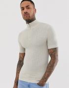 Asos Design Knitted Muscle Fit Textured Half Zip T-shirt In Off White - White