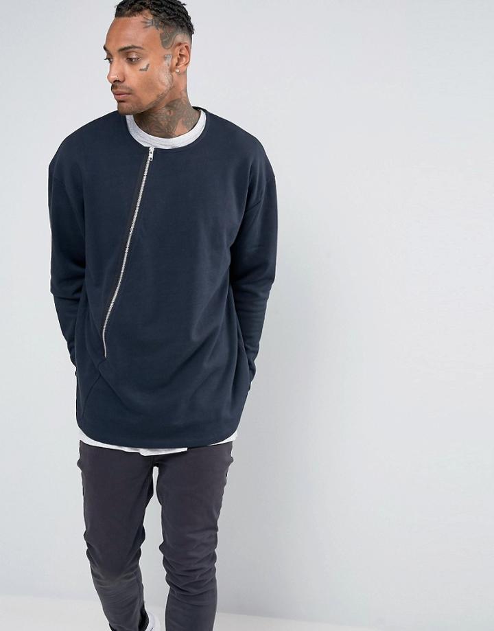 Asos Oversized Sweatshirt With Assymetric Zip - Navy