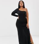 Club L London Plus One Shoulder Thigh Split Maxi Dress In Black - Black