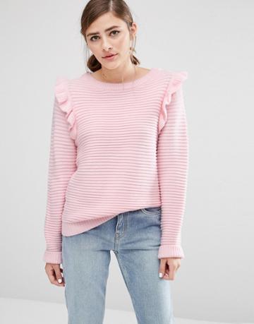 Willow And Paige Ribbed Sweater With Shoulder Ruffle - Pink