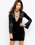 Motel Witchy Dress In Velvet With Lace Up Front - Black