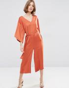 Asos Belted Satin Jumpsuit With Kimono Sleeve - Yellow