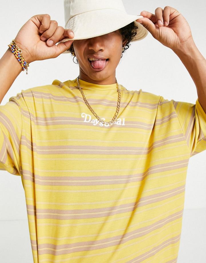 Asos Daysocial Oversized T-shirt With Front Logo Print In Mustard Stripe-yellow