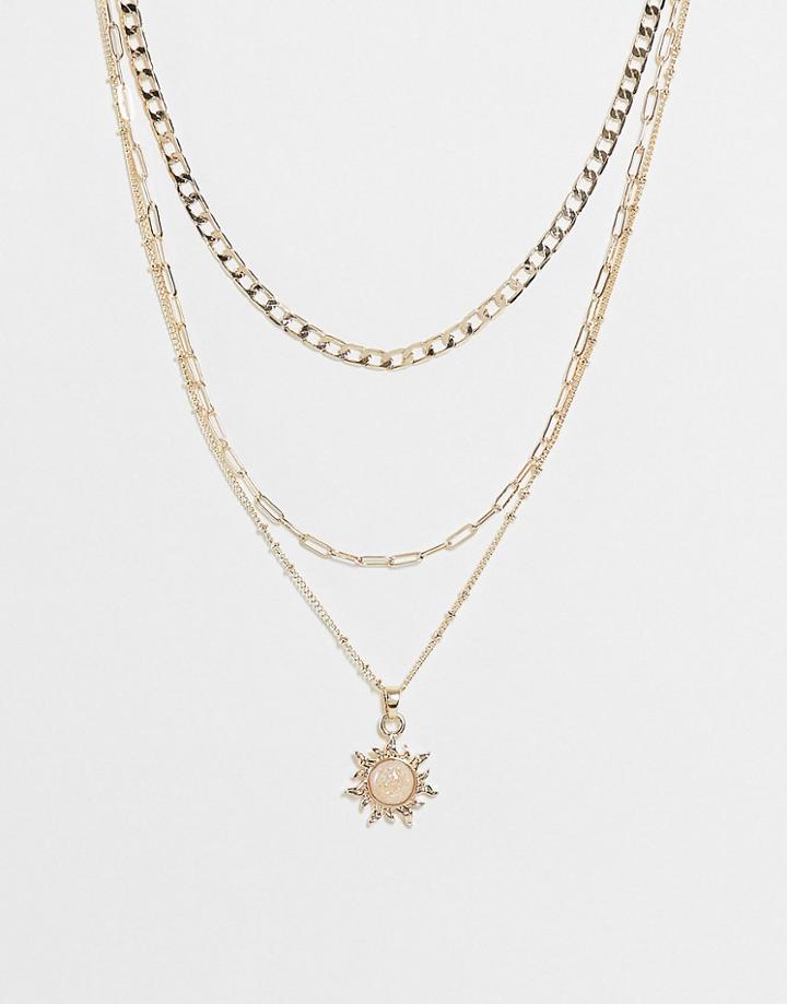Asos Design Multirow Necklace With Opal Sunburst Pendant In Gold Tone