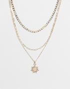 Asos Design Multirow Necklace With Opal Sunburst Pendant In Gold Tone