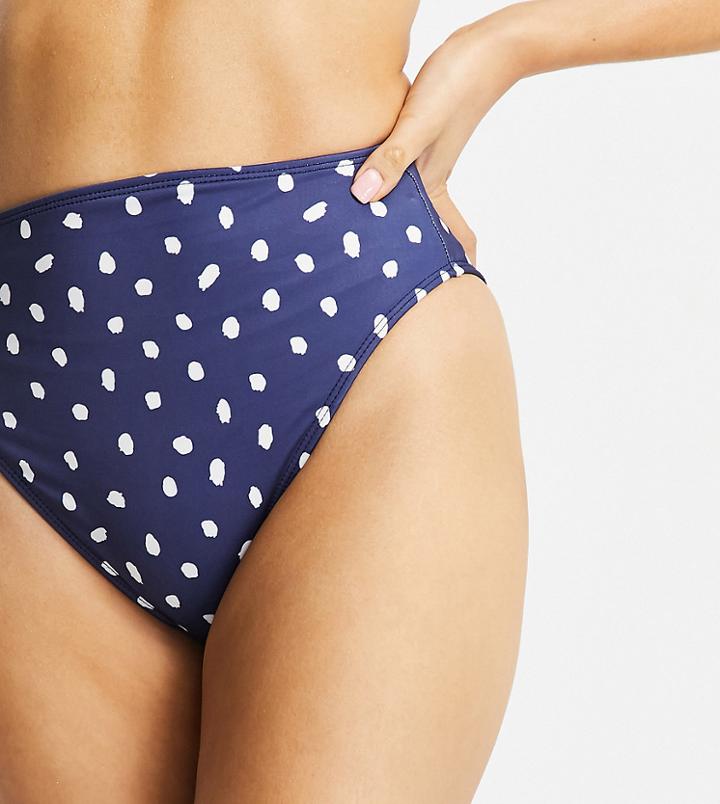 Asos Design Petite Recycled Mix And Match High Leg High Waist Bikini Bottom In Navy Polka Dot-multi