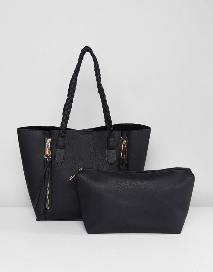 Yoki Fashion Black Tote With Zips - Black