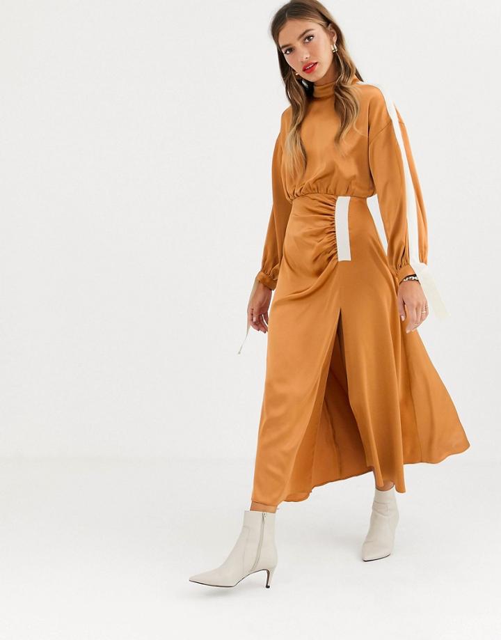 Asos Design Copenhagen Ruched Satin Midi Dress With Herringbone Tape-brown
