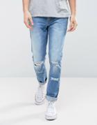 Asos Skinny Jeans In Mid Wash Blue With Rips - Blue