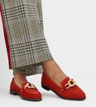 River Island Leather Loafers With Chain Buckle In Red - Brown