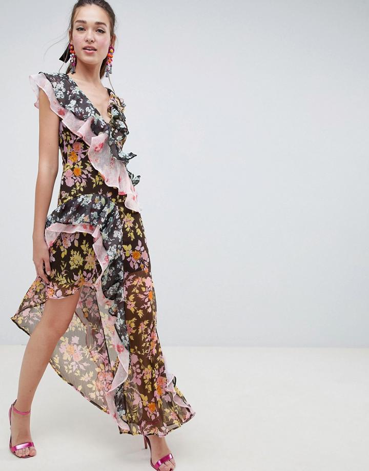 Asos Design Mixed Floral Print Ruffle Asymmetric Maxi Dress - Red