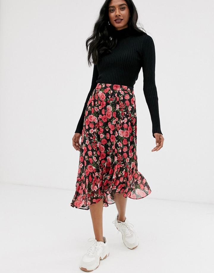 Stradivarius Asymmetric Skirt With Frill In Floral Print-black
