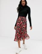 Stradivarius Asymmetric Skirt With Frill In Floral Print-black