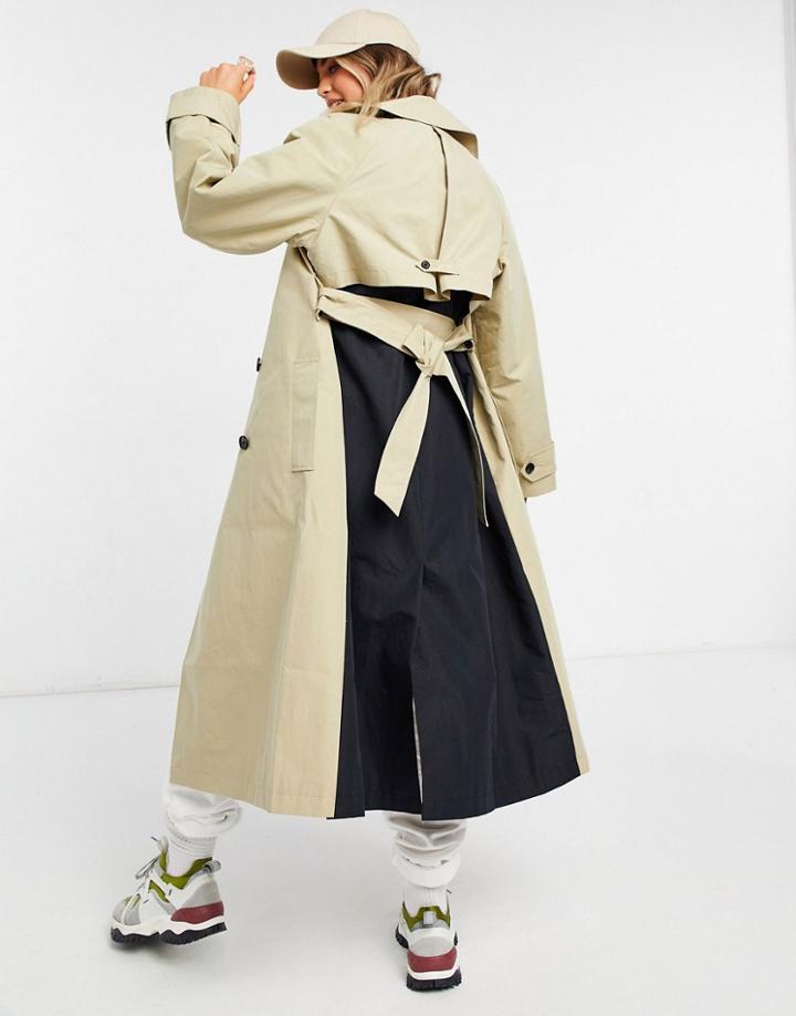 Asos Design Spliced Trench Coat In Black And Stone-multi