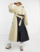 Asos Design Spliced Trench Coat In Black And Stone-multi