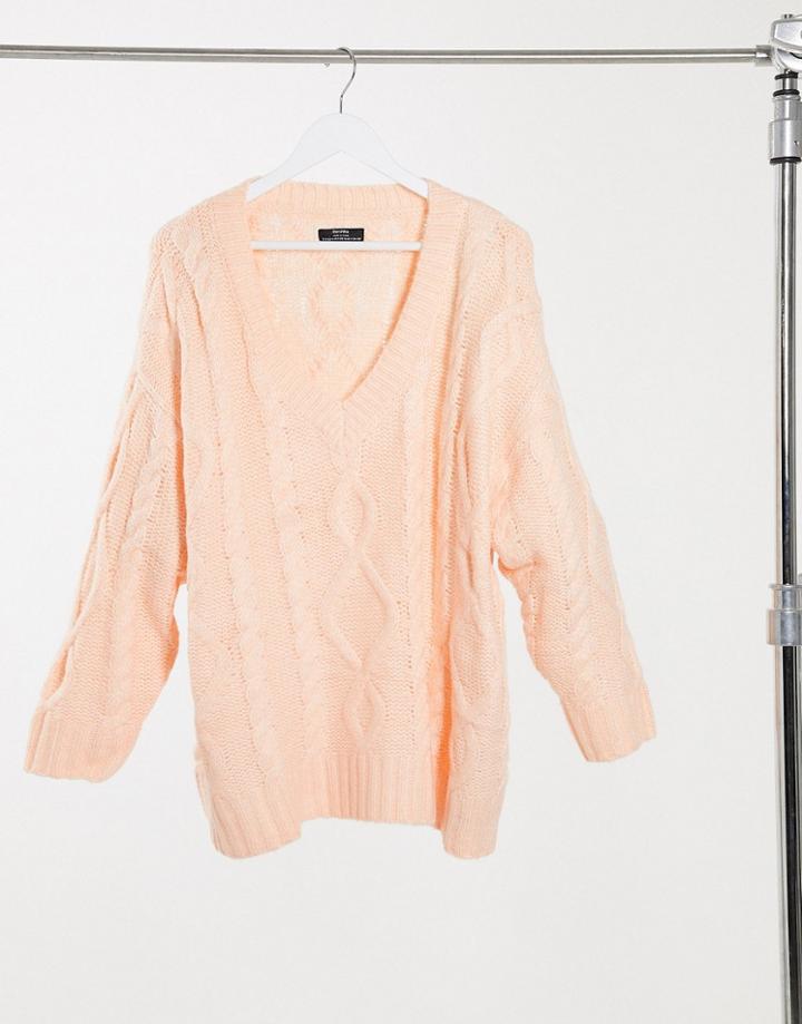 Bershka Cable Knit Cardigan In Peach-pink