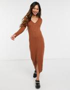Asos Design Ribbed Midi Dress With Button Front Placket In Brown