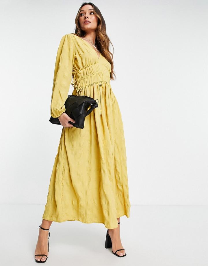 Asos Design Gathered Waist Maxi Dress In Seersucker In Mustard-yellow