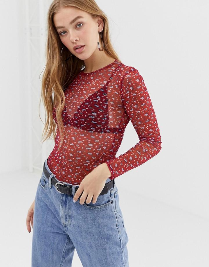 Daisy Street Long Sleeve Top In Vintage Ditsy Floral Mesh - Red