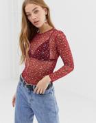 Daisy Street Long Sleeve Top In Vintage Ditsy Floral Mesh - Red