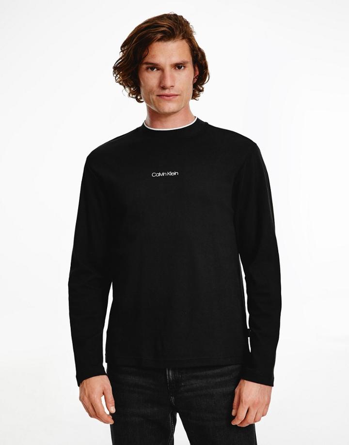 Calvin Klein Center Logo Long Sleeve Top In Black
