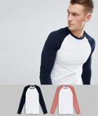 Asos Design Long Sleeve Muscle Raglan T-shirt With Contrast Sleeves 2 Pack Save - Multi