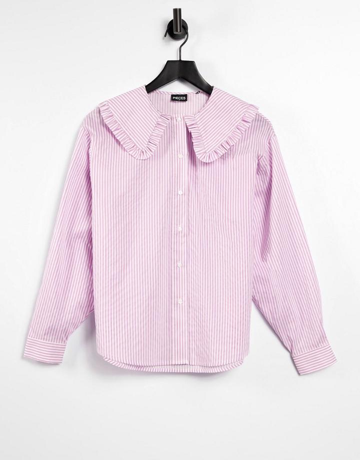 Pieces Shirt With Exaggerated Ruffle Collar In Lilac Stripe-purple