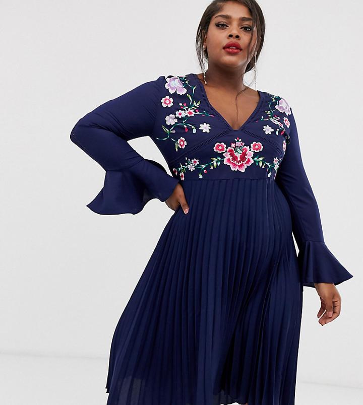 Asos Design Curve Embroidered Pleated Midi Dress With Lace Inserts-navy