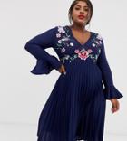 Asos Design Curve Embroidered Pleated Midi Dress With Lace Inserts-navy