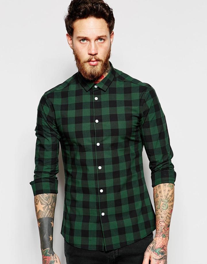 Asos Skinny Shirt In Khaki Buffalo Plaid - Khaki