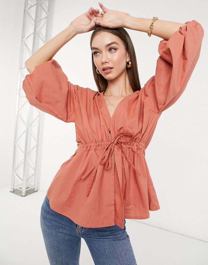 Asos Design Tie Waist Kimono Top With Puff Sleeves In Dusty Pink-no Color