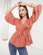 Asos Design Tie Waist Kimono Top With Puff Sleeves In Dusty Pink-no Color