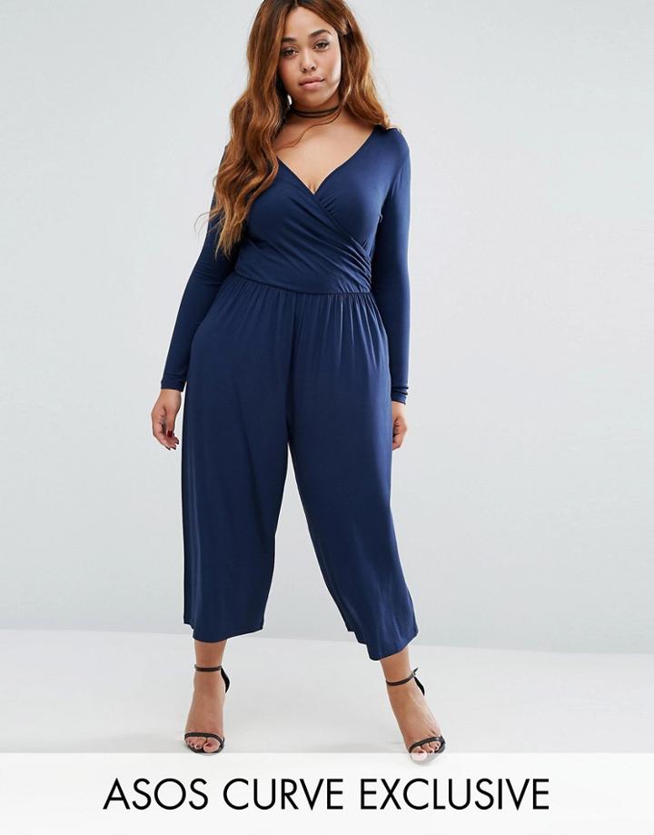Asos Curve Wrap Long Sleeve Jumpsuit In Crop Wide Leg - Navy